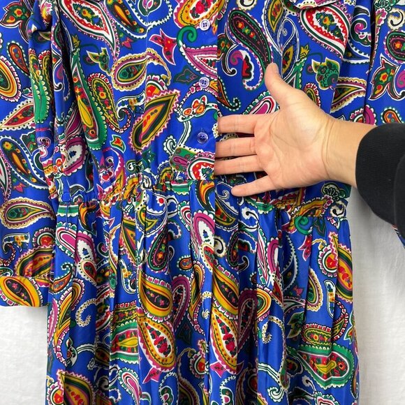 Vintage Schrader Long Sleeve Pleated Midi Dress Womens 14 Paisley Secretary 70s - Picture 5 of 16